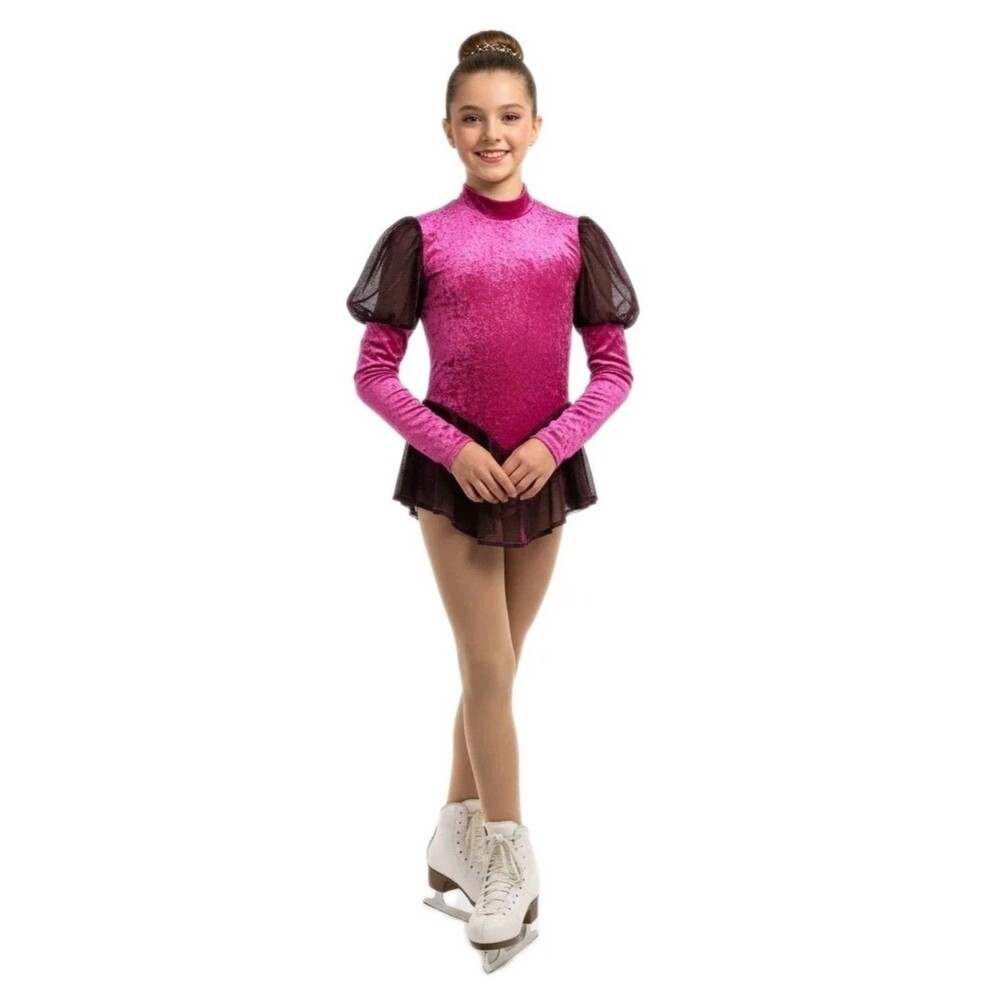 Gilda Marx High Neck Kids Velvet Keyhole Skate Dress Fuchsia Reflective Mesh